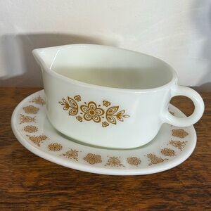 Pyrex vintage milk glass Butterfly Gold gravy boat with plate